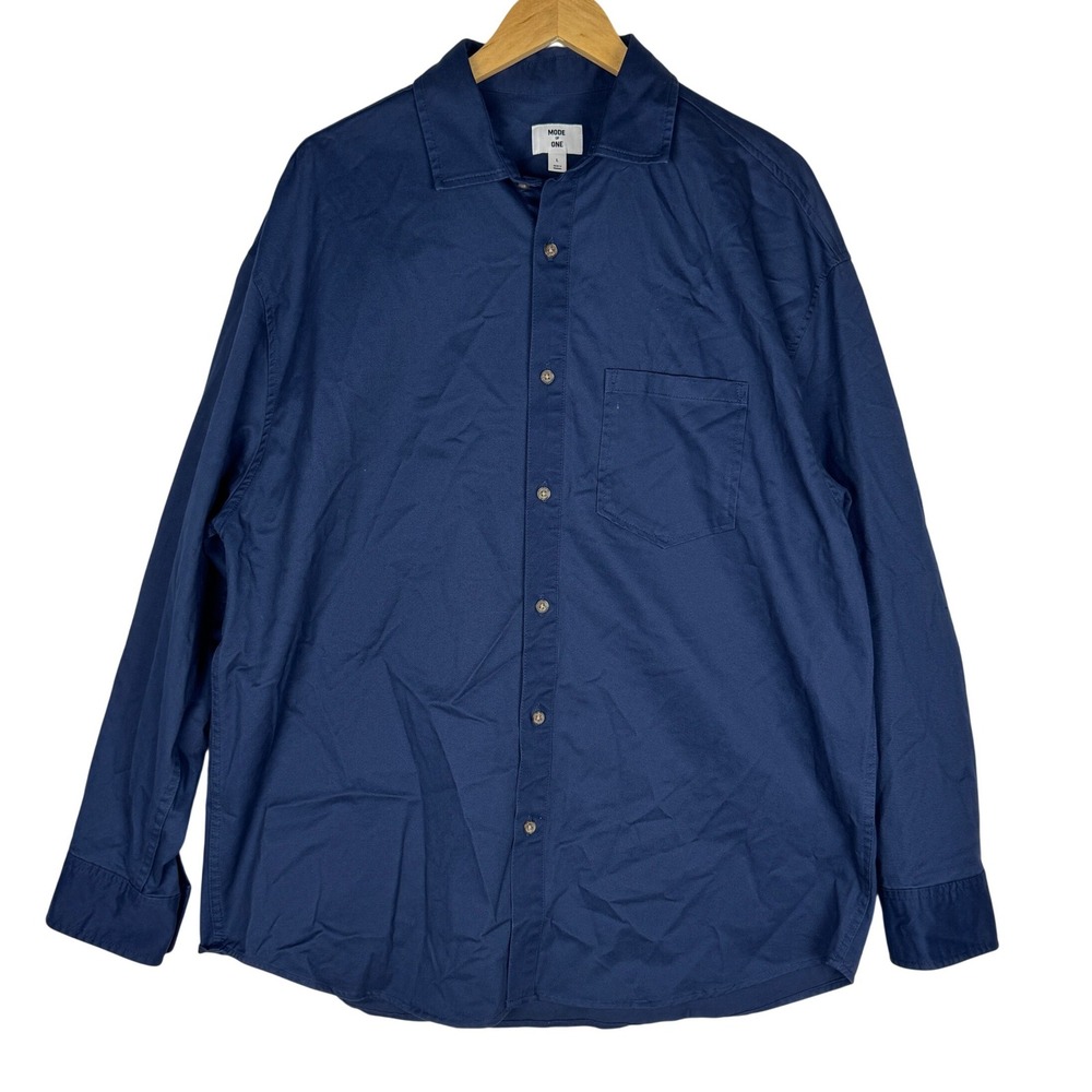 Mode of One Mens Navy Blue Stretch Cotton Button Down Shirt FA24 L 100188289